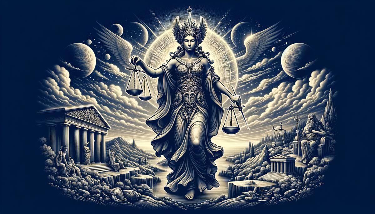 Themis, the Greek goddess of divine law and justice, holding scales and a scepter.