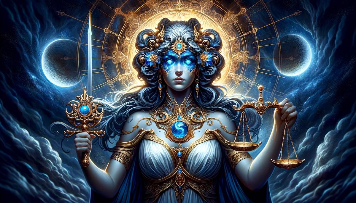 Themis, the Greek Titaness of divine law and order, holding the scales of justice and a sword, symbolizing balance, impartiality, and decisive authority. Her eyes are open, representing her omniscient foresight and judgment, as she embodies the essence of true justice.