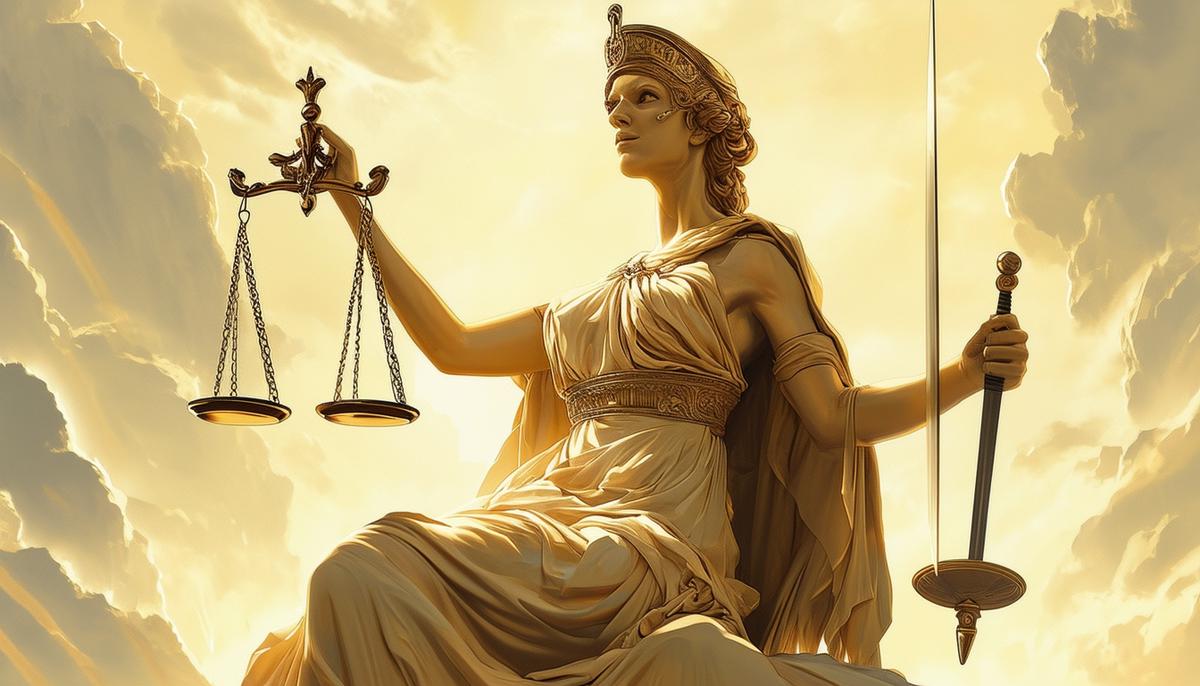 Themis, the Greek Titaness of divine law and order, seated on Mount Olympus, providing counsel to Zeus and ensuring that all gods follow the universal rules. She holds the scales of justice and a sword, symbolizing her role in maintaining balance and decisive authority among the divine realm.