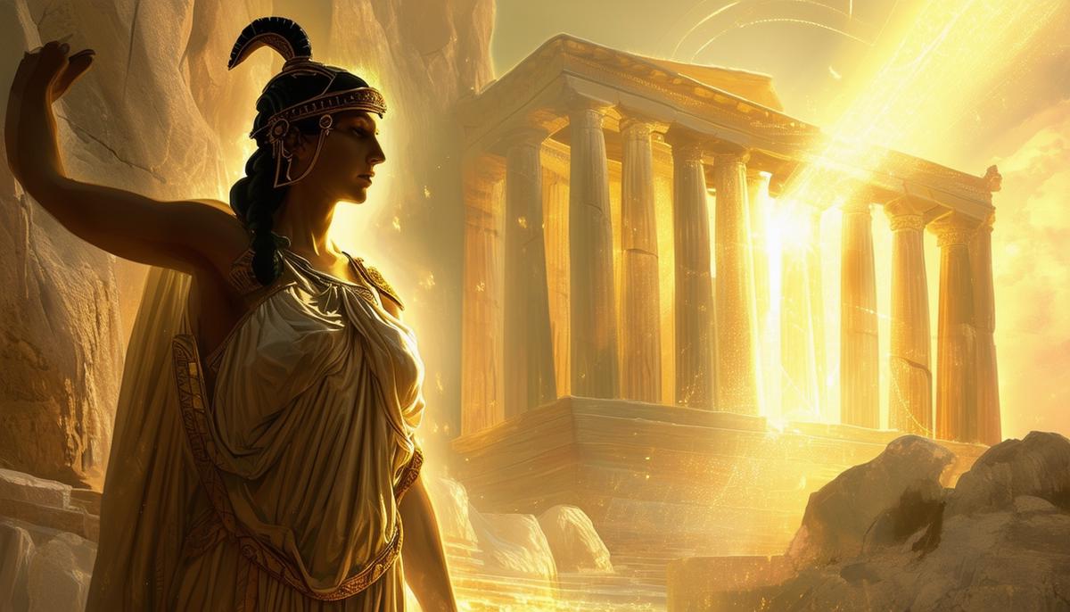 Themis, the Greek Titaness of divine law, presiding over the Oracle of Delphi, providing profound truths and prophecies to those who seek her guidance. The sacred temple is illuminated by a divine light, representing the enlightenment and wisdom that Themis bestows upon her supplicants.