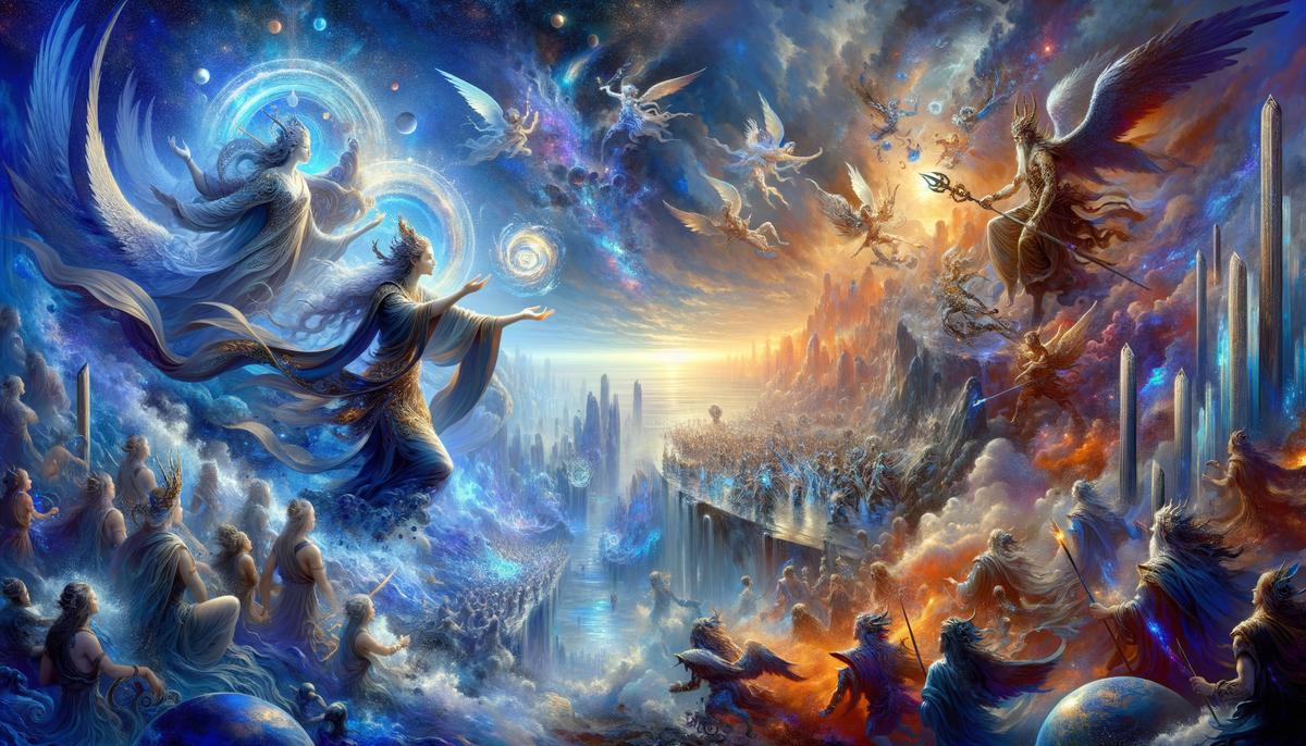 Themis, the wise Titaness, advising Zeus during the Titanomachy, the epic battle between the Titans and the Olympians. Her counsel and foresight prove invaluable in securing victory for the Olympians and establishing a new era of divine order.