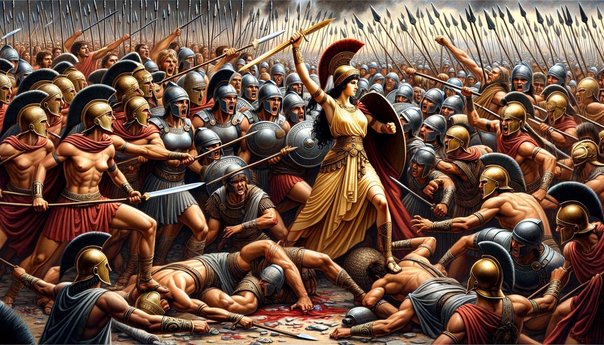 Thermodosa leads the Amazons in a fierce battle against Achilles' elite Myrmidons during the Trojan War, with weapons clashing and warriors locked in combat.