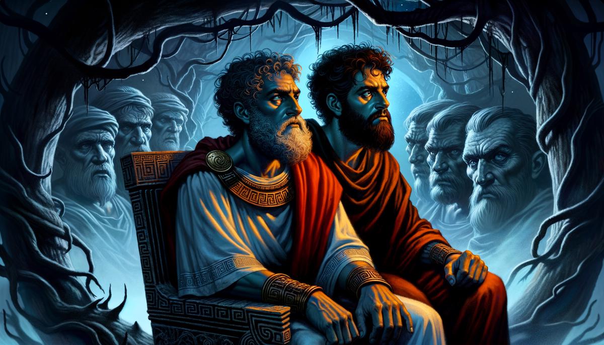 Theseus and Pirithous trapped in the Underworld, stuck to the Chair of Forgetfulness, their loyalty to each other evident even in their dire circumstances.