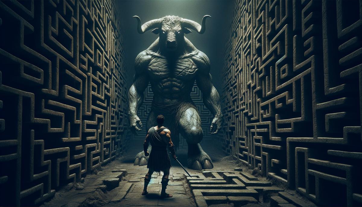 Theseus bravely confronting the monstrous Minotaur in the heart of the dark, winding labyrinth, his sword at the ready as he prepares to slay the beast.