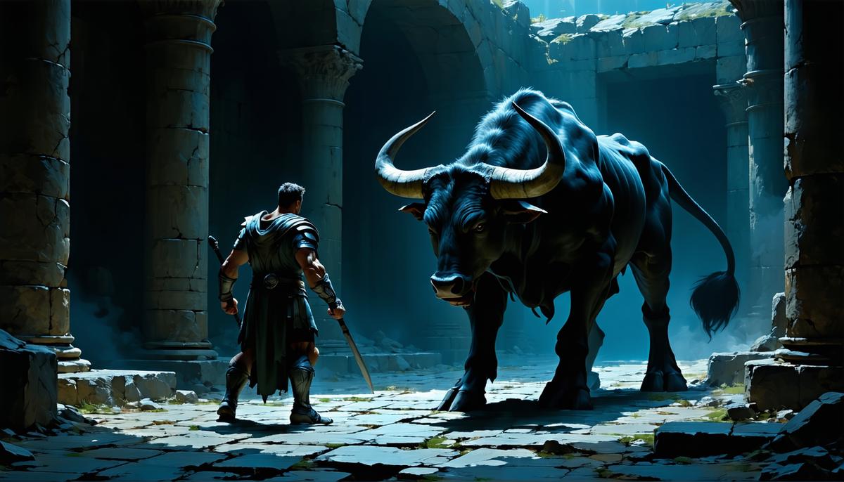 Theseus confronting the Minotaur in a dimly lit labyrinth