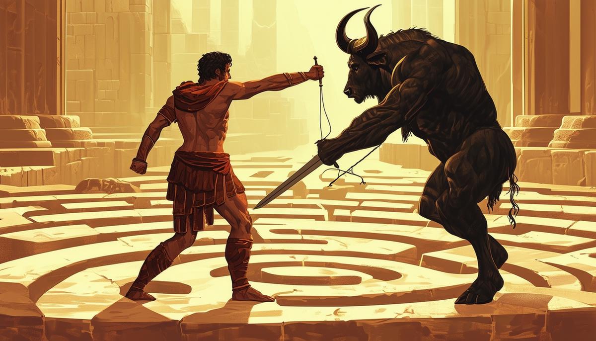 Theseus confronting the Minotaur in the center of a complex labyrinth, holding a sword and thread