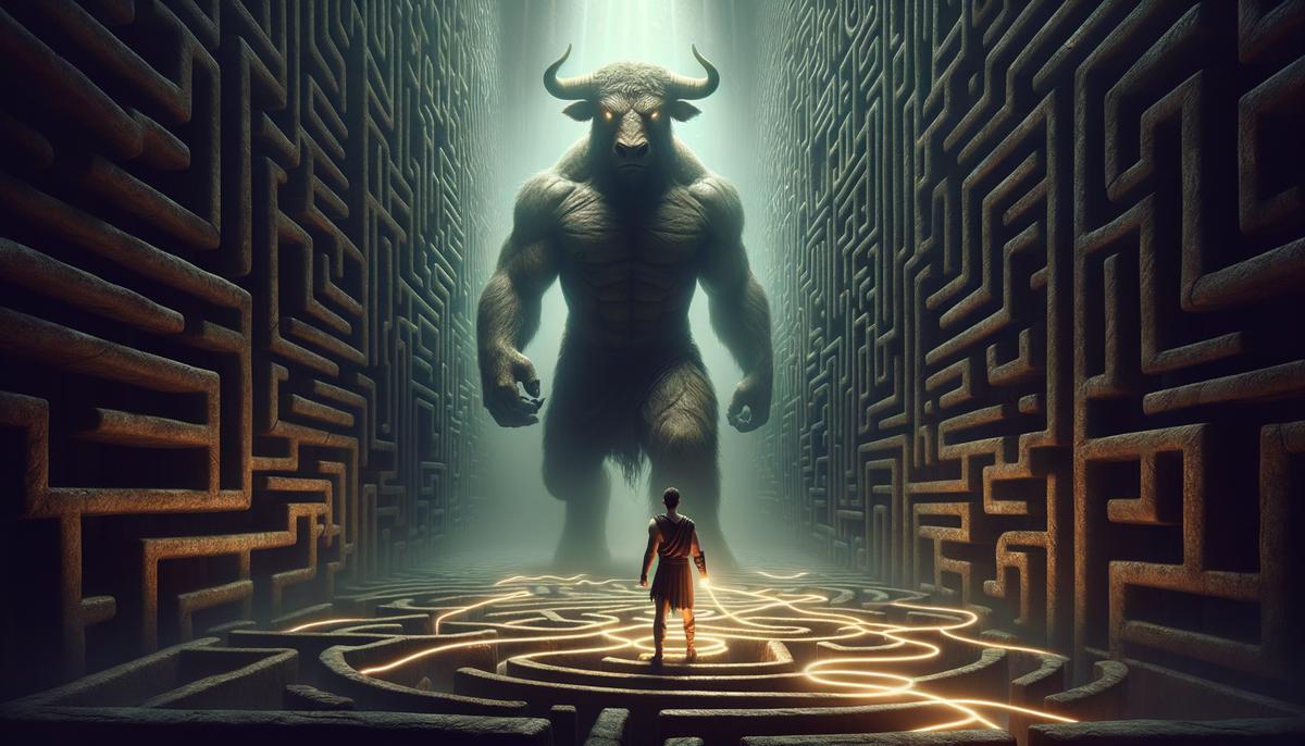 Theseus confronting the Minotaur in the center of a shadowy labyrinth, with a glowing thread leading back to the entrance