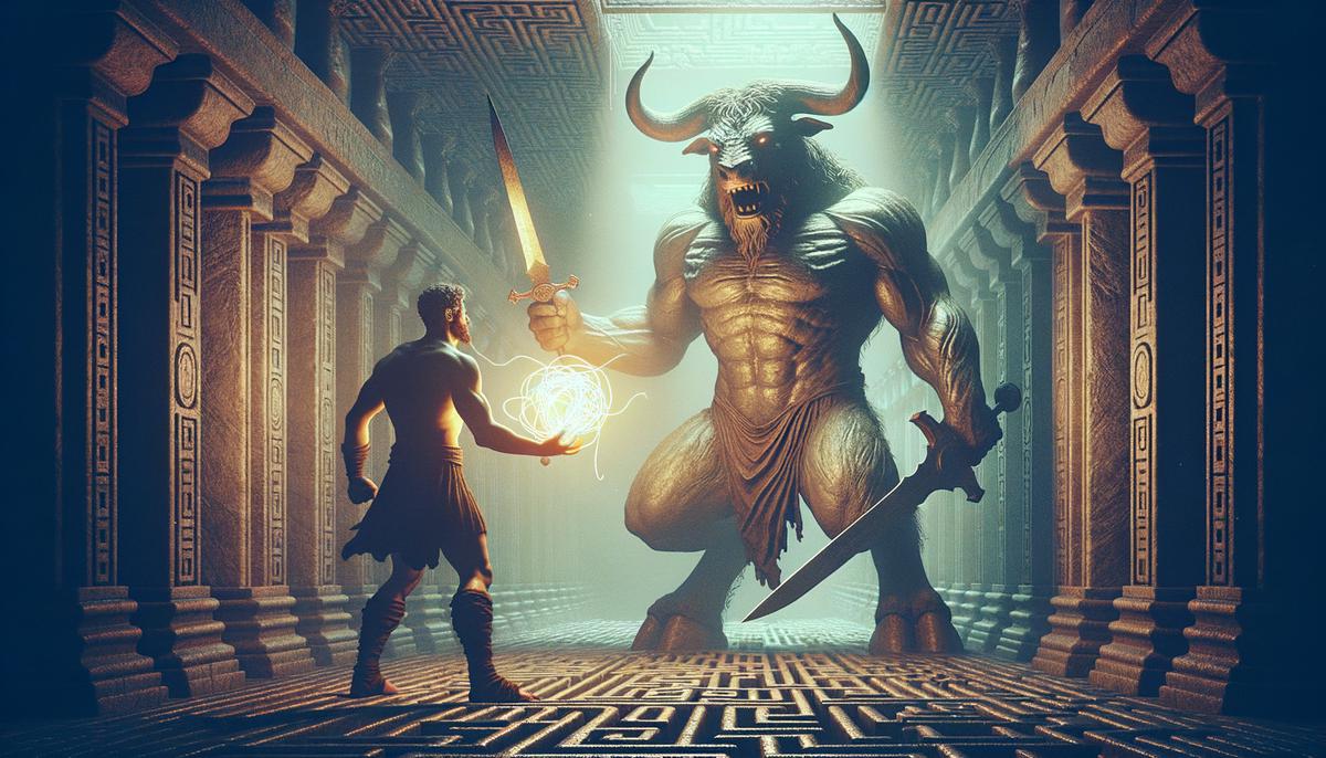 Theseus confronting the Minotaur in the dark corridors of the labyrinth, holding a sword and a ball of thread