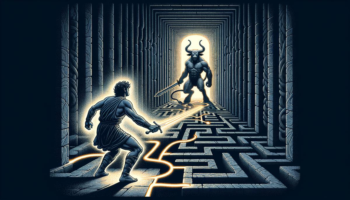 Theseus confronting the Minotaur in the dark labyrinth, with Ariadne's thread providing a faint glow