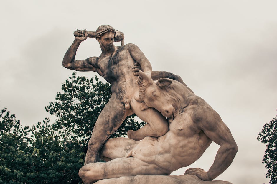 Theseus confronting the Minotaur in the heart of the labyrinth