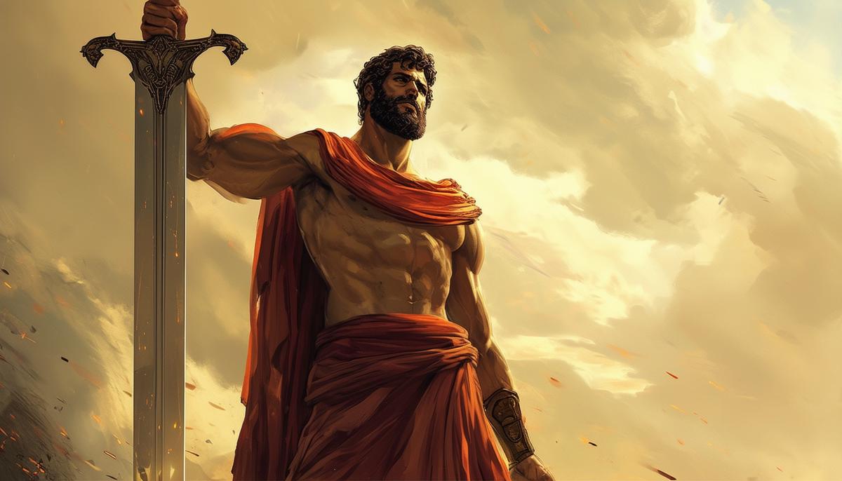 Theseus standing tall and proud, his sword raised in triumph, as he inspires future generations with his unwavering courage, wisdom, and determination.