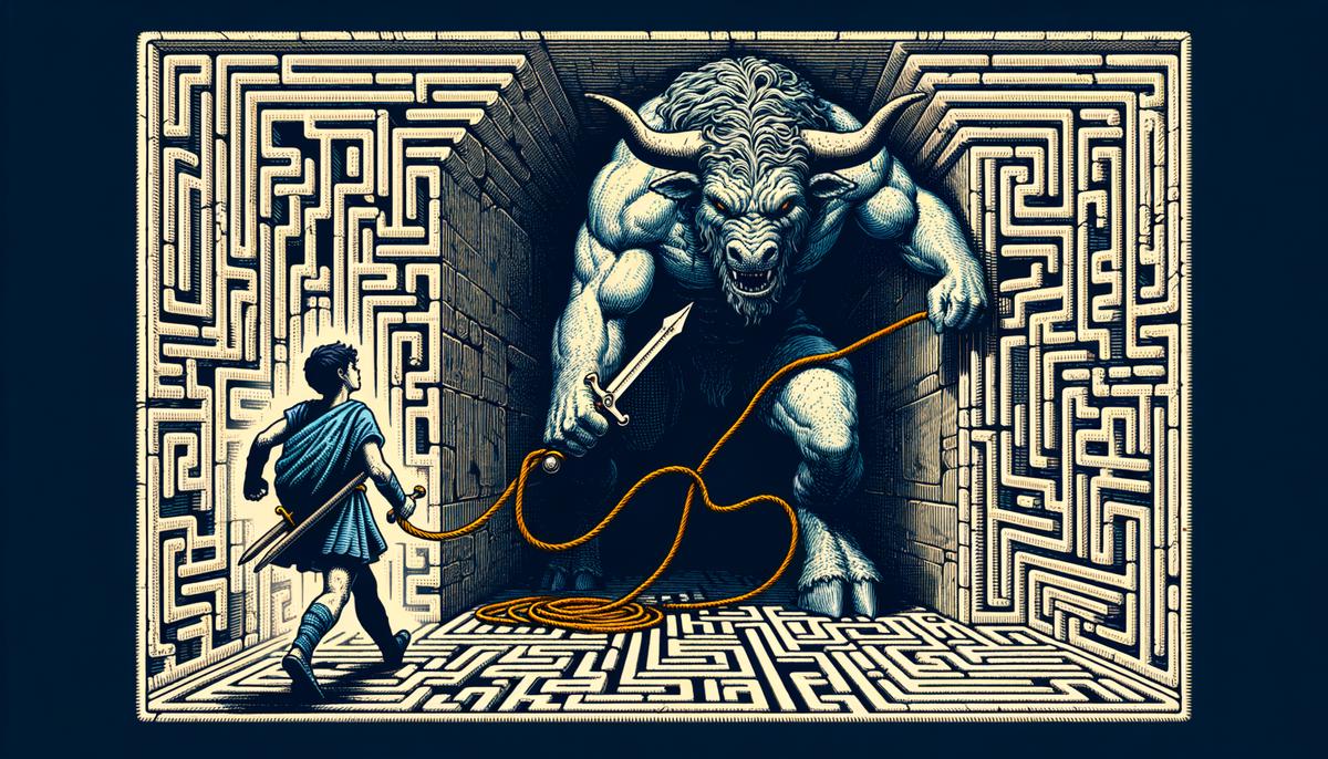 Theseus, sword in hand, faces the menacing Minotaur in the twisting corridors of the labyrinth