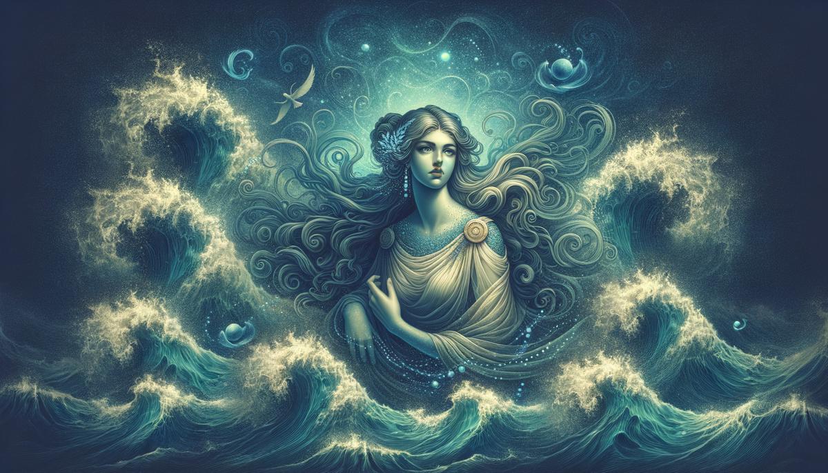 Thetis, a beautiful shapeshifting sea nymph, stands amidst ocean waves with a mysterious and powerful aura.