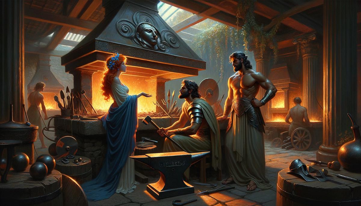 Thetis imploring Hephaestus to forge new armor for her son Achilles