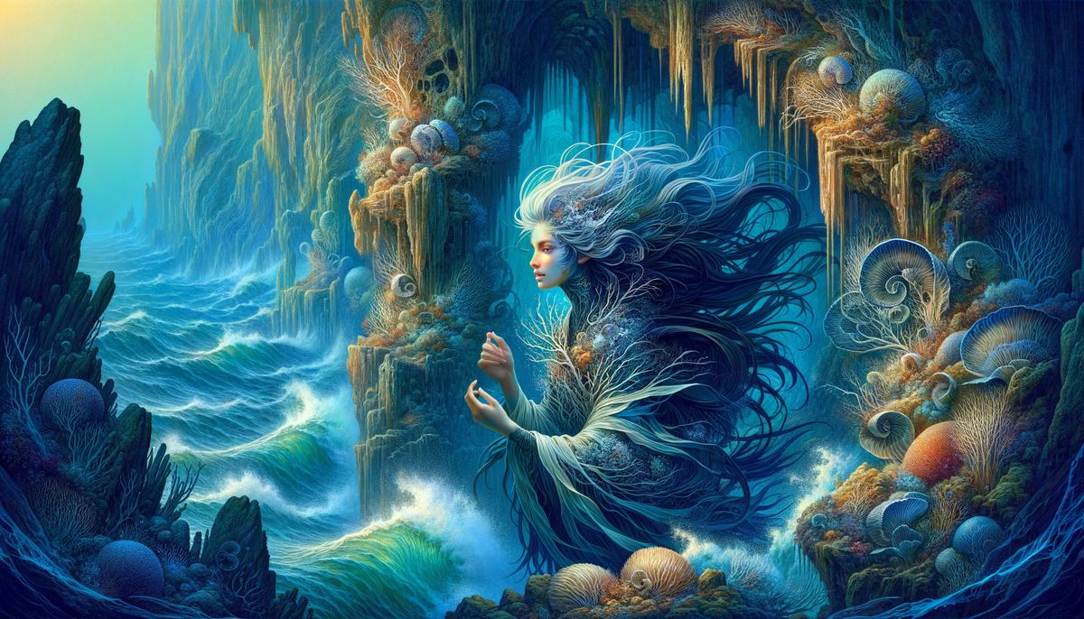 Thoosa exploring caverns and cliffs beneath the sea, with hair swirling like seaweed.
