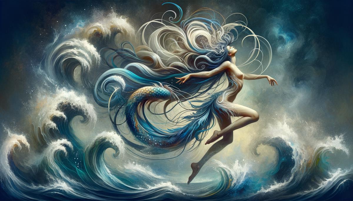 Thoosa moving gracefully like a dancer, with hair flowing like ocean waves.