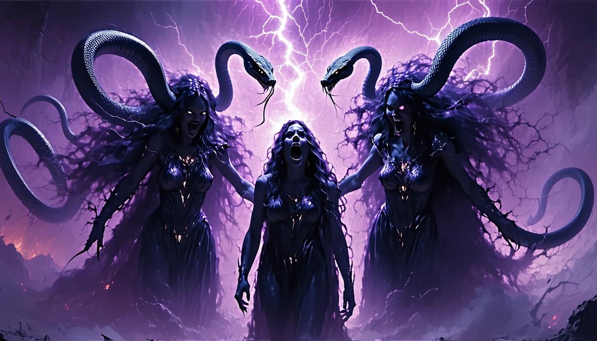Three menacing female figures with snake-like hair hovering over a terrified person, representing the Furies enforcing cosmic justice