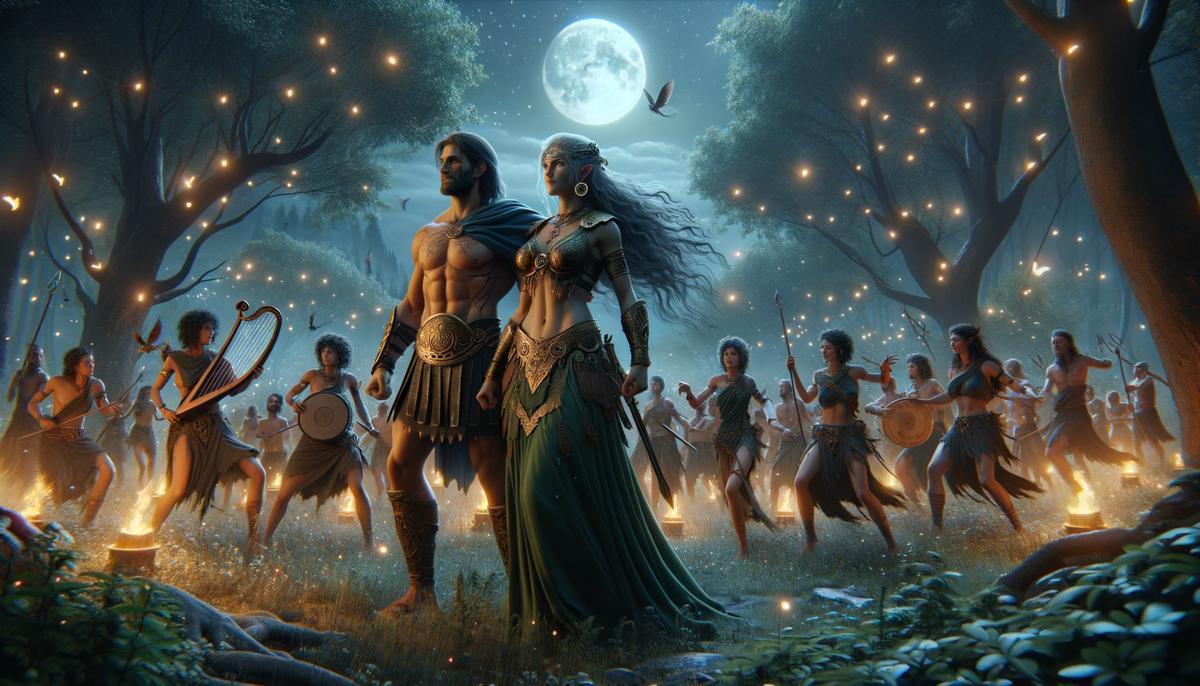 Toxaris and Theon celebrating the solstice with Amazons in the forest