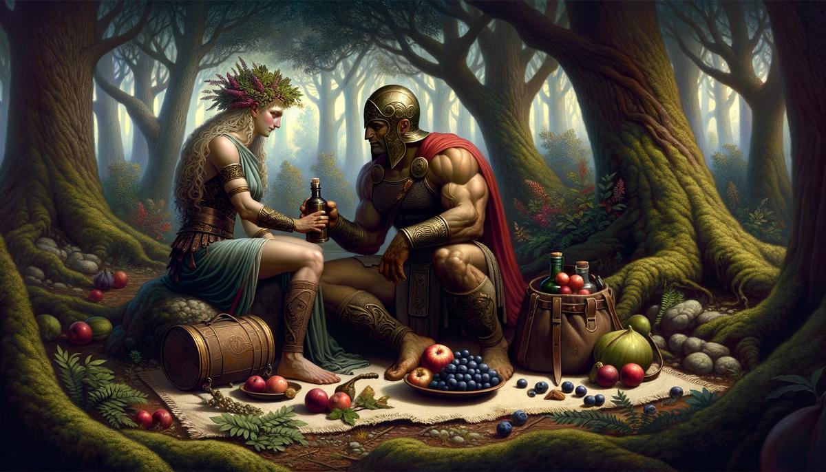 Toxaris and Theon, her ally, sharing provisions in the forest