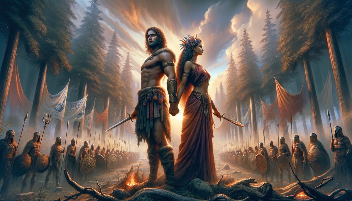 Toxaris and Theon, standing victorious amidst battle remnants at sunrise