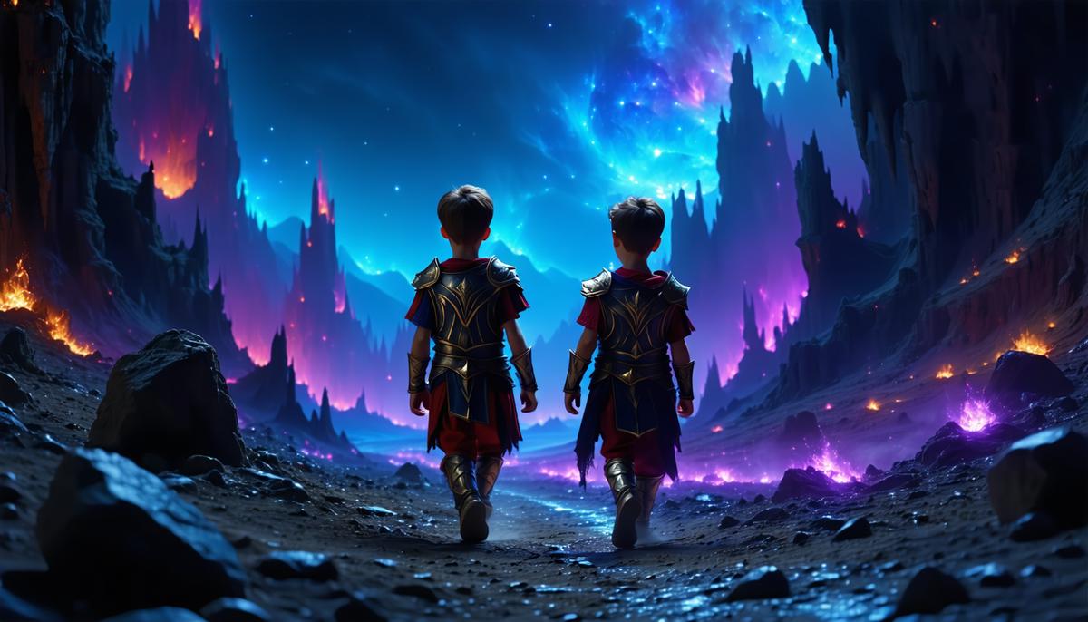 Two young demigods navigating through a vivid, nightmarish landscape of Tartarus