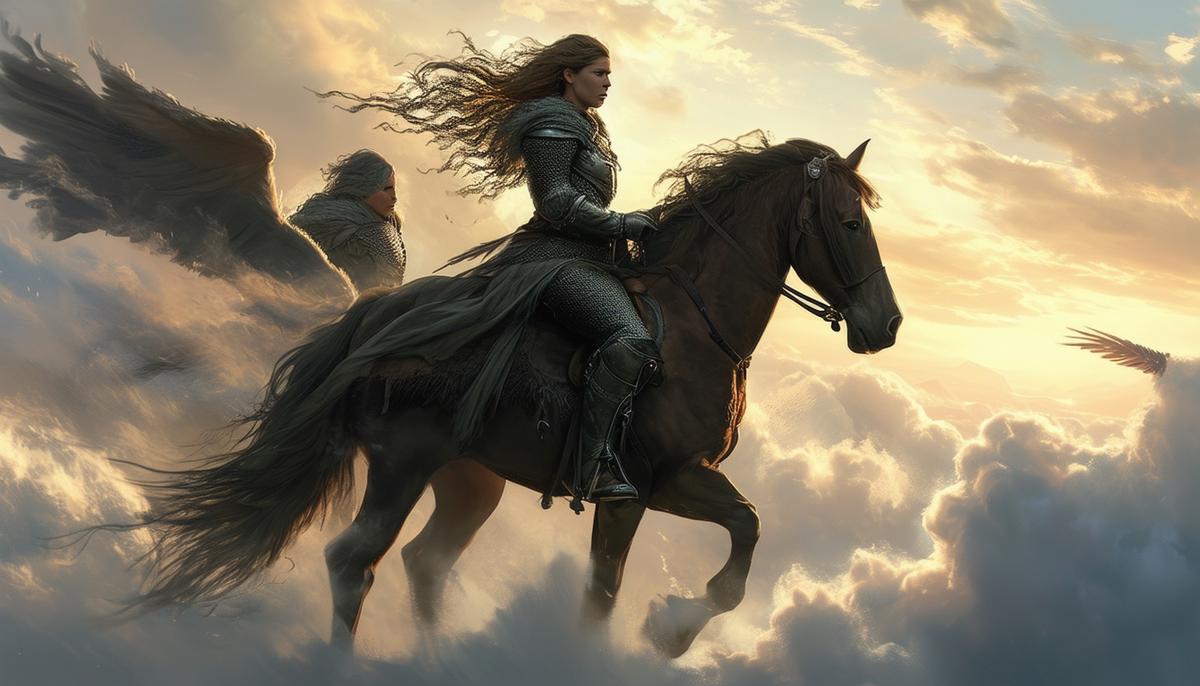 Valkyries, fierce female warriors from Norse mythology, riding on horseback through the clouds, selecting fallen heroes to bring to Valhalla.