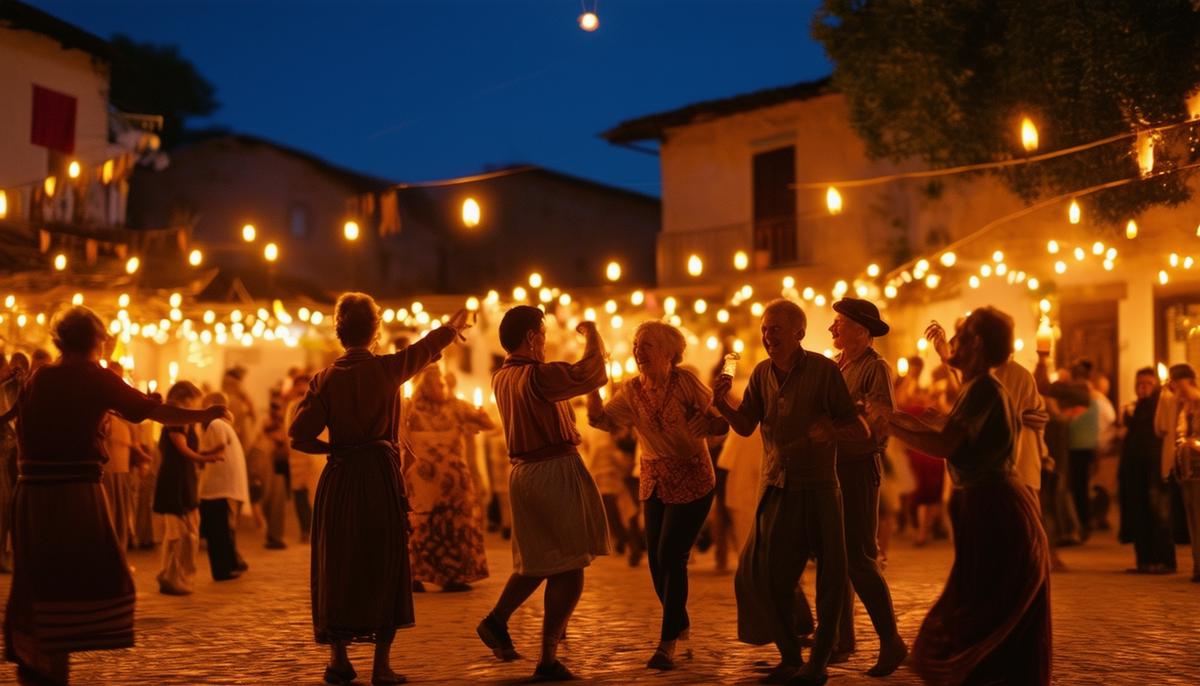 Villagers happily dancing and celebrating in a candlelit square at night