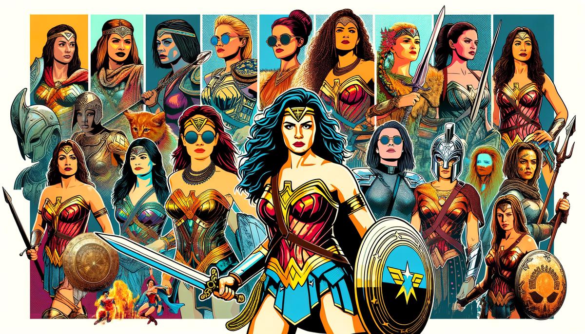 Visual collage showing the cultural impact and portrayal of Amazons in modern media, including literature, film, TV, comic books, and cosplay, as symbols of female empowerment.