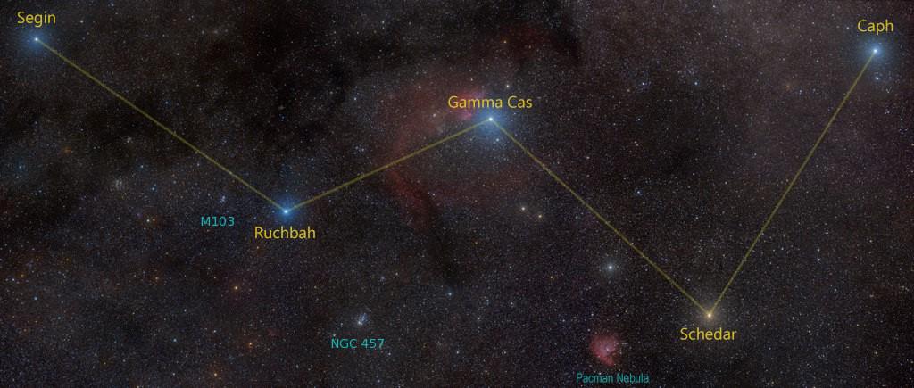 W-shaped Cassiopeia constellation clearly visible in the night sky