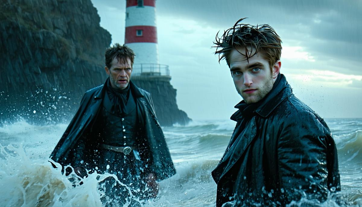 Willem Dafoe and Robert Pattinson as lighthouse keepers in a dramatic, storm-swept scene from The Lighthouse