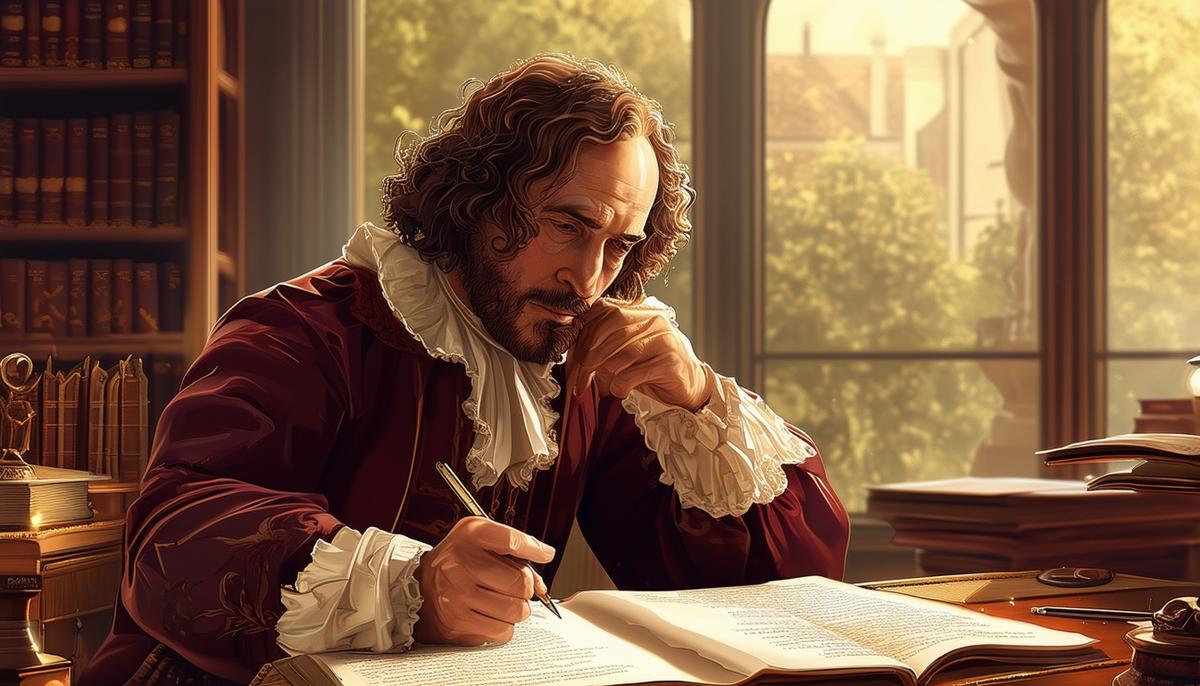 William Shakespeare sits at his desk, quill in hand, a pensive expression on his face as he draws inspiration from Ovid's Metamorphoses, open before him, to craft his own timeless tale of star-crossed lovers in Romeo and Juliet.