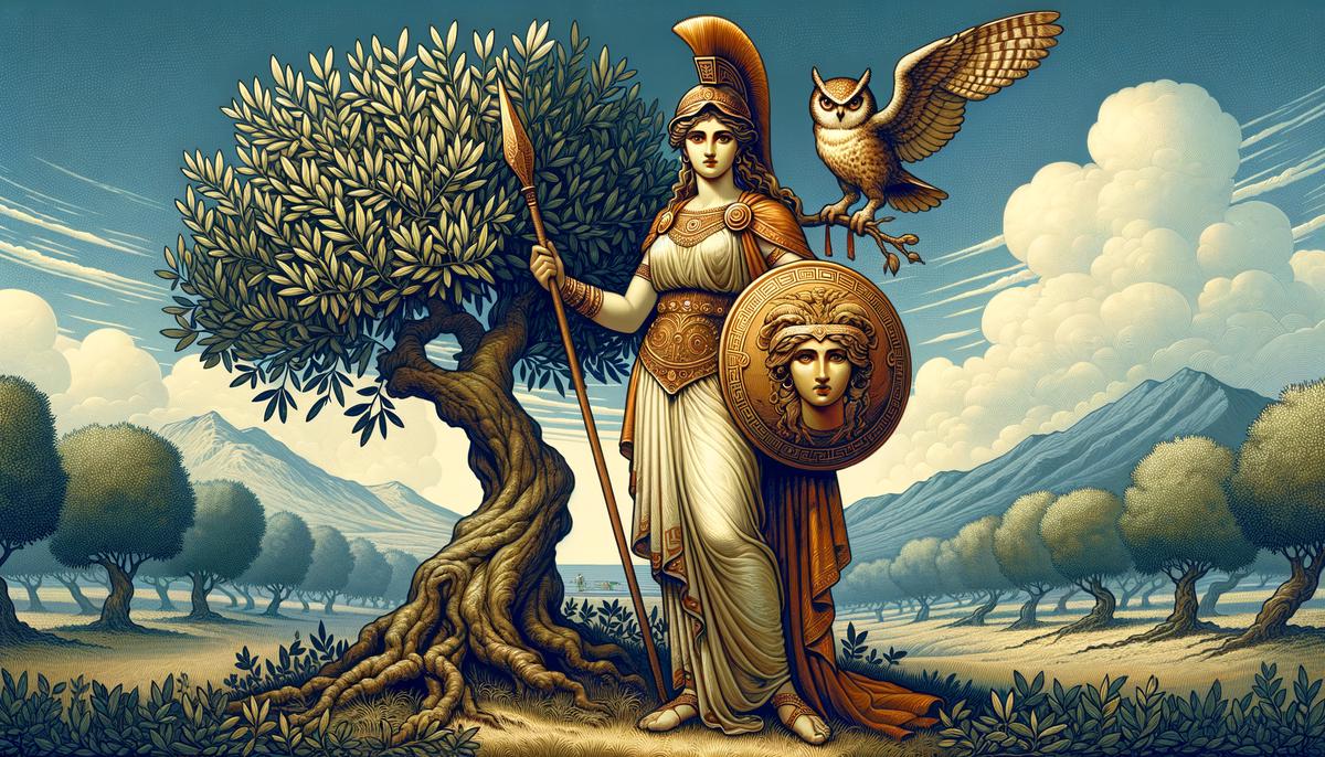 Wise Athena standing beside an olive tree with her owl perched on her shoulder