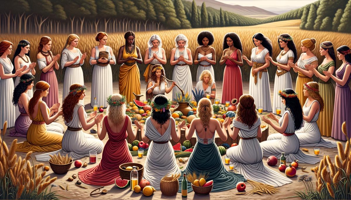 Women performing secret rituals during the Thesmophoria festival, surrounded by symbols of fertility and harvest