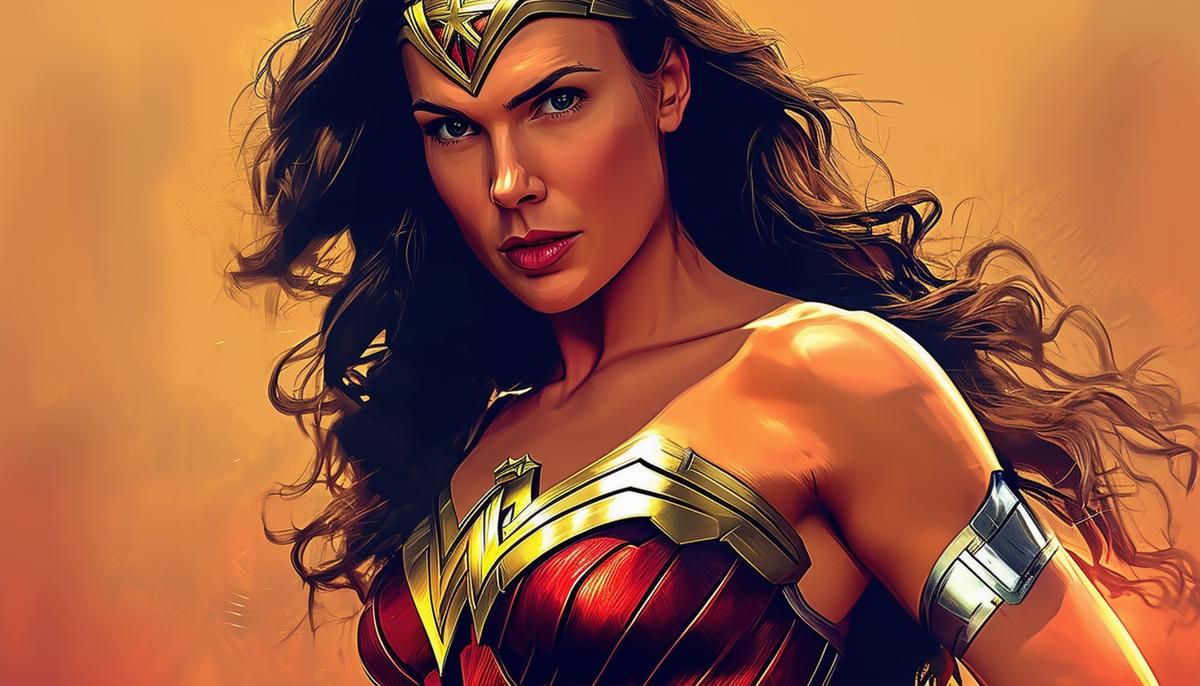 Wonder Woman, a modern representation of an Amazonian warrior, standing strong and fierce in her iconic costume, showcasing feminine strength.
