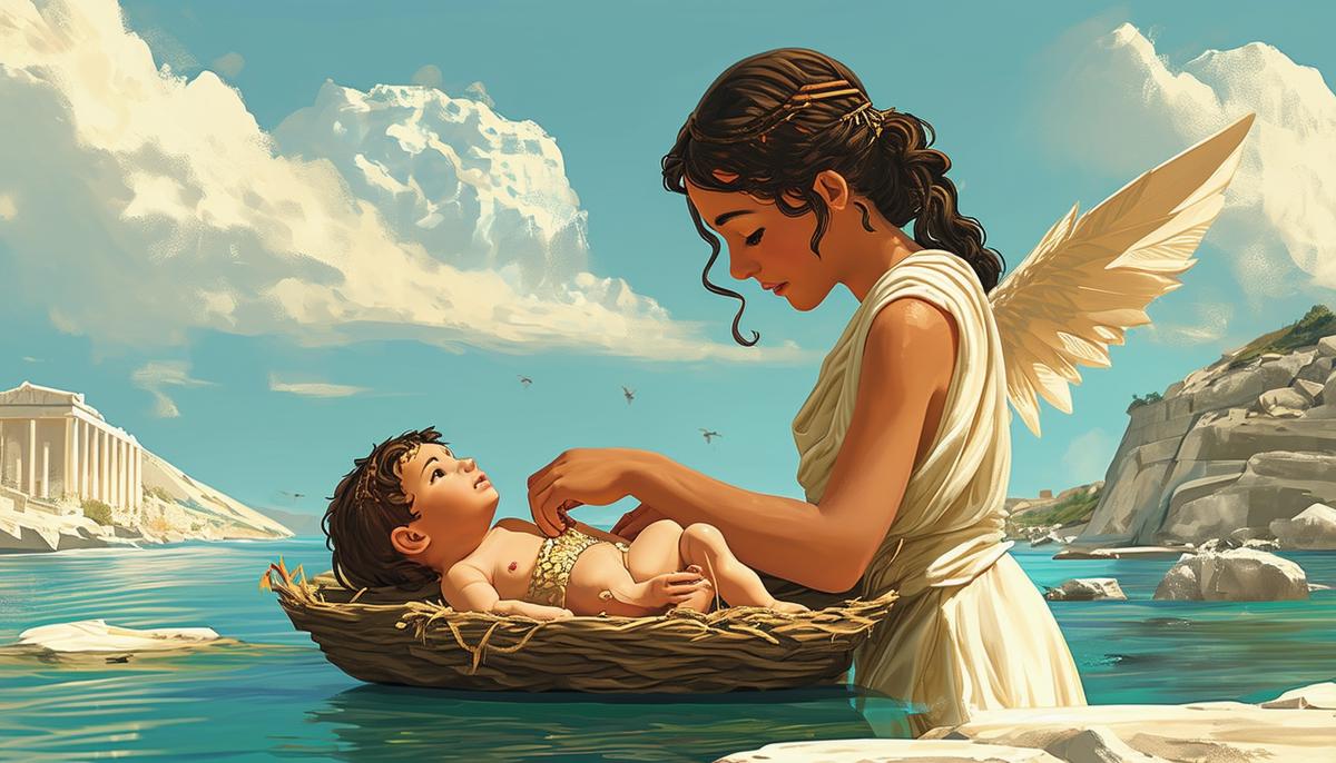 Young Artemis assisting in the birth of her twin brother Apollo on the floating island of Delos