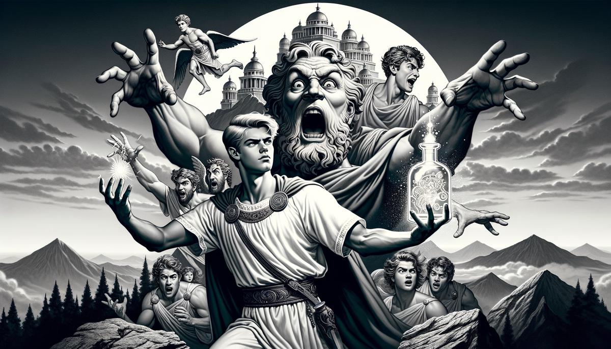 Young Zeus confronting Cronus, holding a potion while his siblings emerge from Cronus's mouth