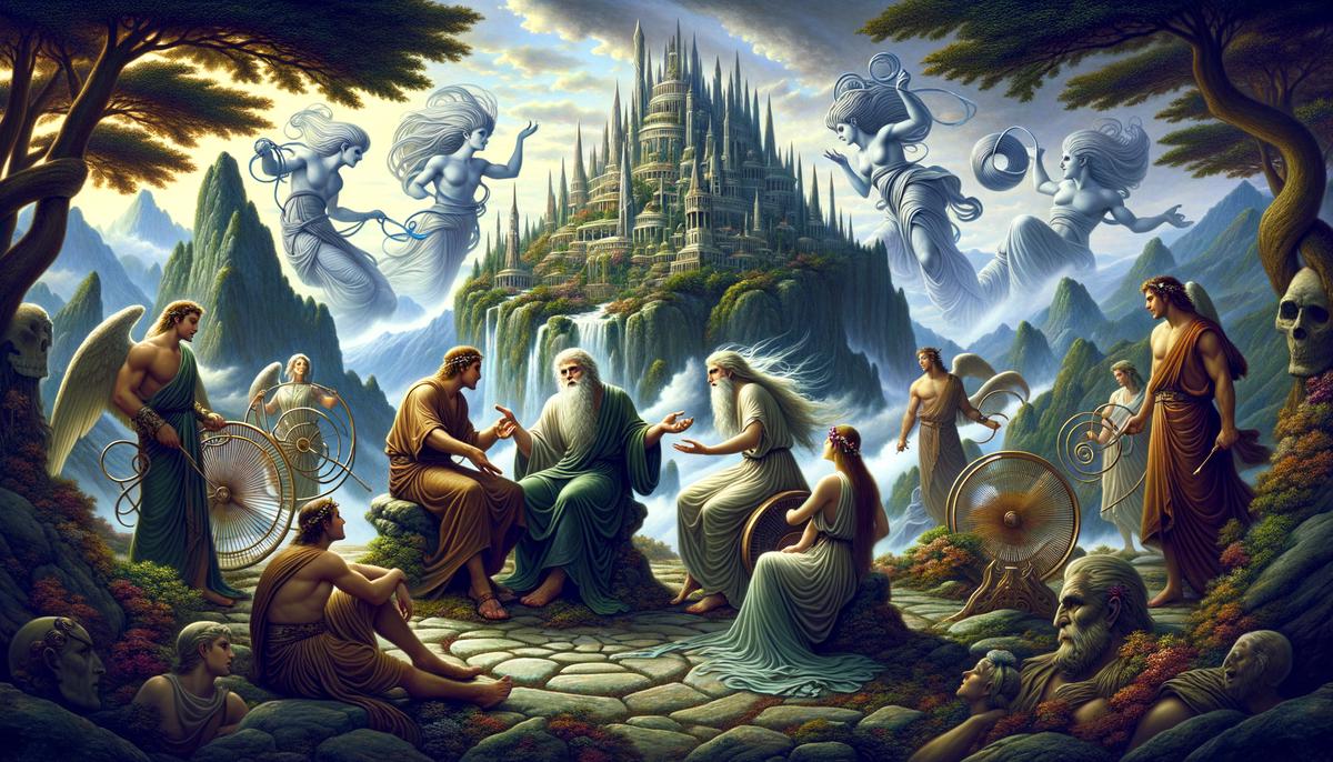 Zeus and Apollo negotiating with the Fates on Mount Olympus