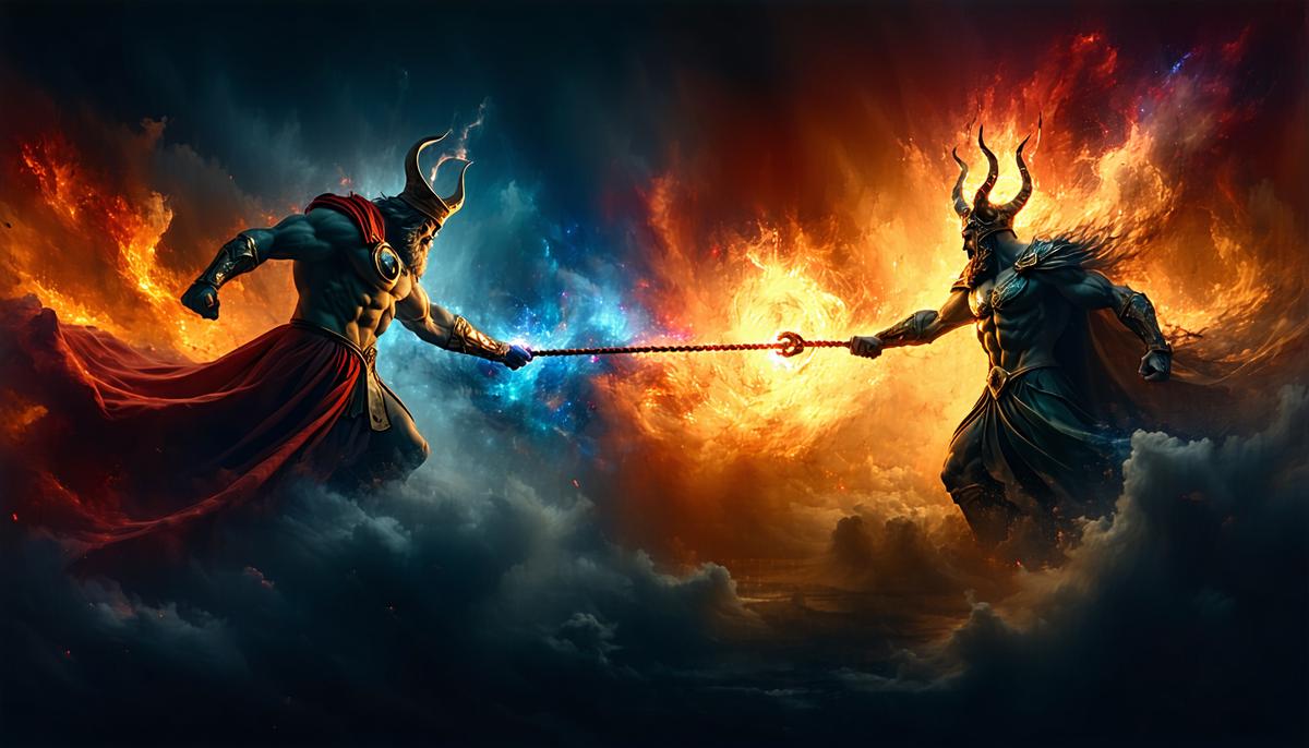 Zeus and Hades locked in a cosmic tug-of-war, representing the struggle for power
