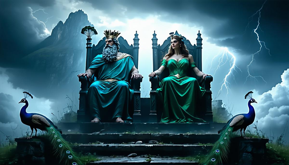 Zeus and Hera seated on thrones atop Mount Olympus, surrounded by storm clouds and peacocks