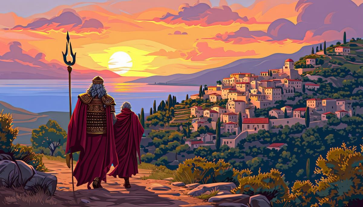 Zeus and Hermes disguised as weary travelers approaching a Greek village at sunset