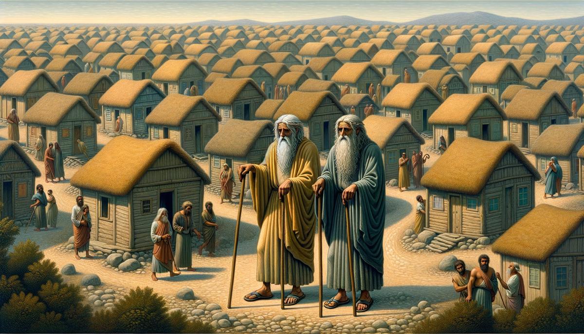 Zeus and Hermes disguised as weary travelers walking through a village