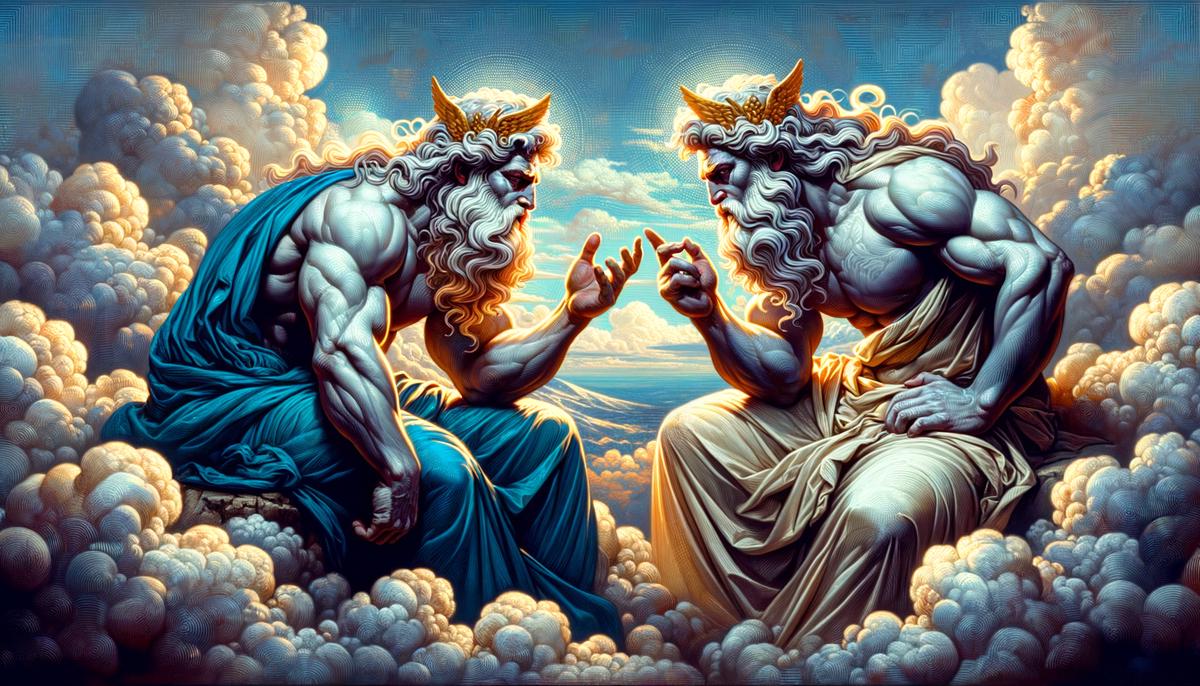 Zeus and Poseidon, looking concerned as they discuss the prophecy about Thetis's future son