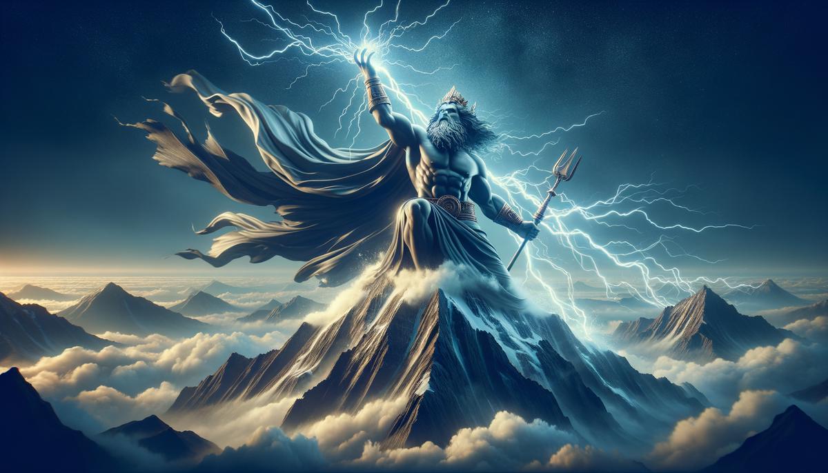 Zeus atop Mount Olympus, arm raised to throw a powerful thunderbolt