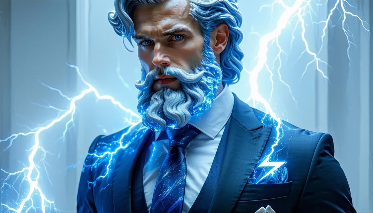Zeus dressed as a corporate CEO with a lightning bolt tie pin