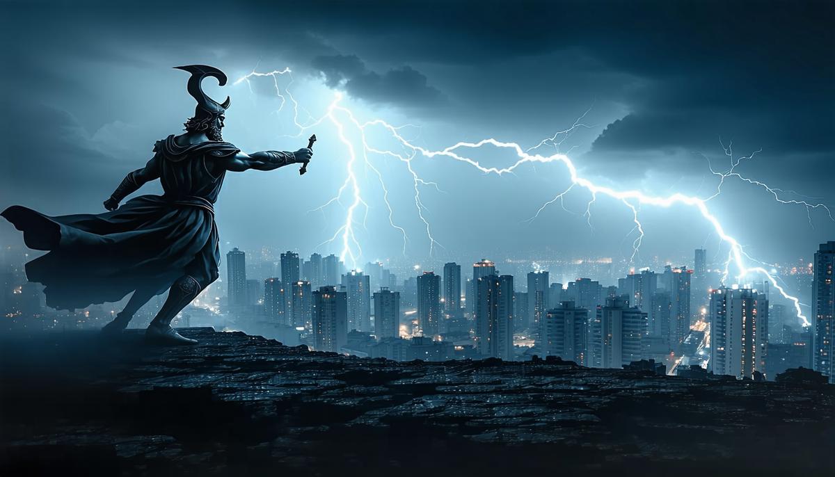 Zeus hurling a thunderbolt over a modern cityscape