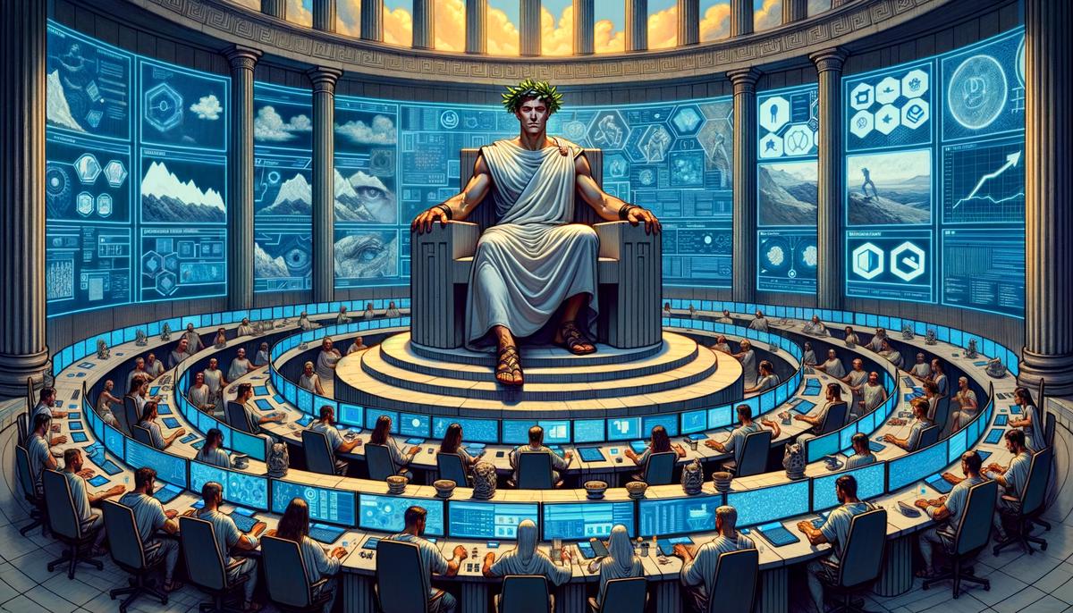 Zeus in a high-tech social media command center on Mount Olympus, surrounded by screens showing various social media platforms and metrics
