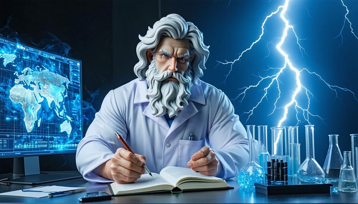 Zeus in a lab coat studying climate data with lightning bolts nearby