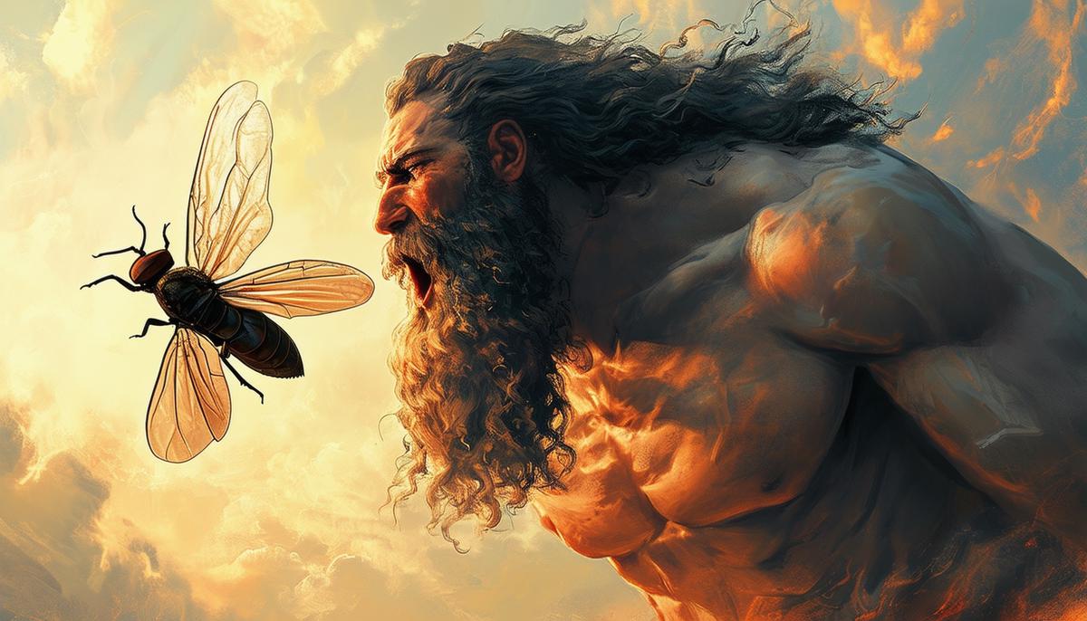 Zeus, in the form of a giant man, swallowing the Titaness Metis, who has been transformed into a fly