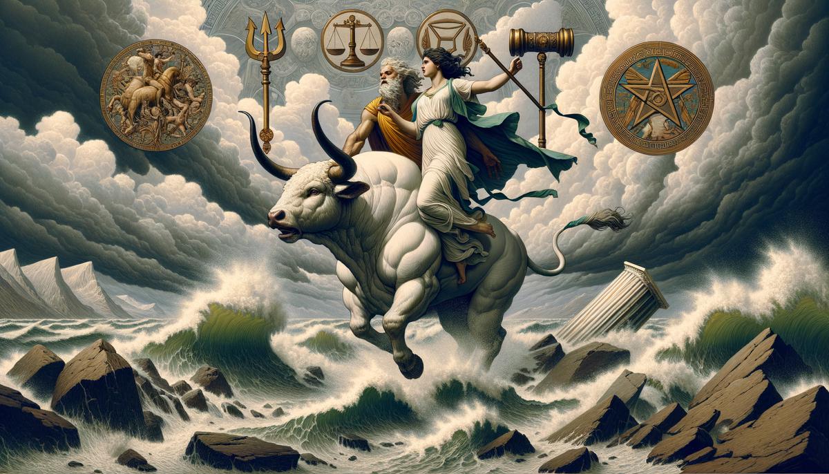 Zeus in the form of a white bull with Europa on his back, symbolizing the mythical origin of Minos and Rhadamanthus