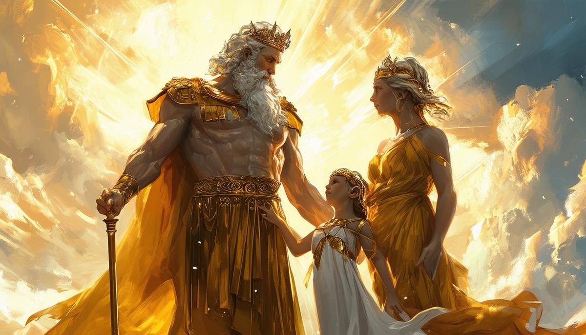 Zeus, king of the gods, and Themis, goddess of divine law, with their daughter Heimarmene, the personification of fate
